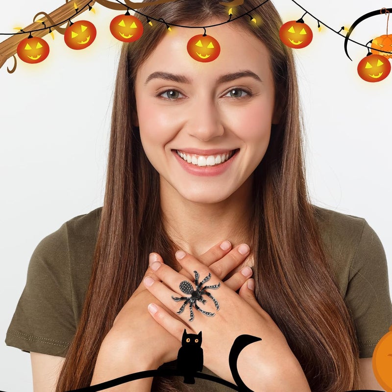 ANGLEQUEEN Punk Halloween Spider Rings for Women Knuckle Black Spider Web Bat Ring Gothic Vintage Dark Crystal Ring Red Rhinestone Statement Rings Halloween Witch Jewelry - Image 1